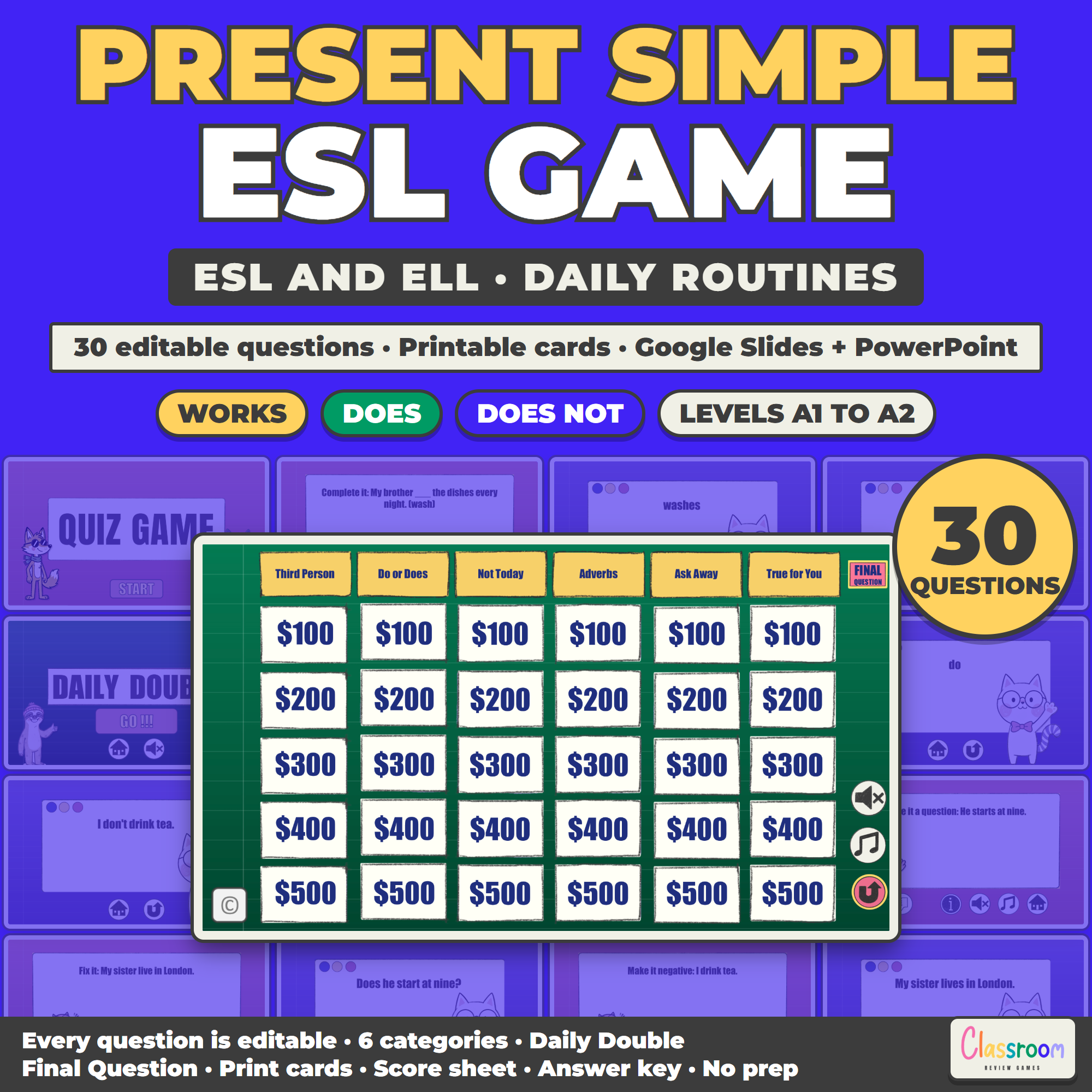 ESL Present Simple Game, Daily Routines Quiz Game for ESL and ELL, Google Slides and PowerPoint