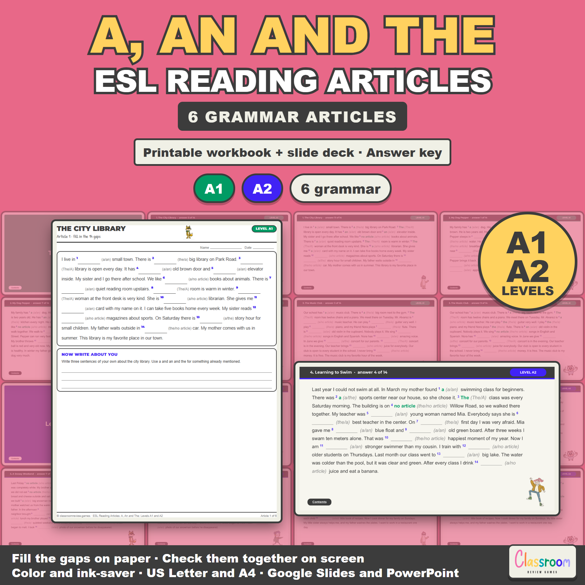 ESL Reading Articles: A, An and The, English Articles Worksheets for Levels A1 and A2, Gap Fill Passages, Printable Workbook plus Google Slides and PowerPoint