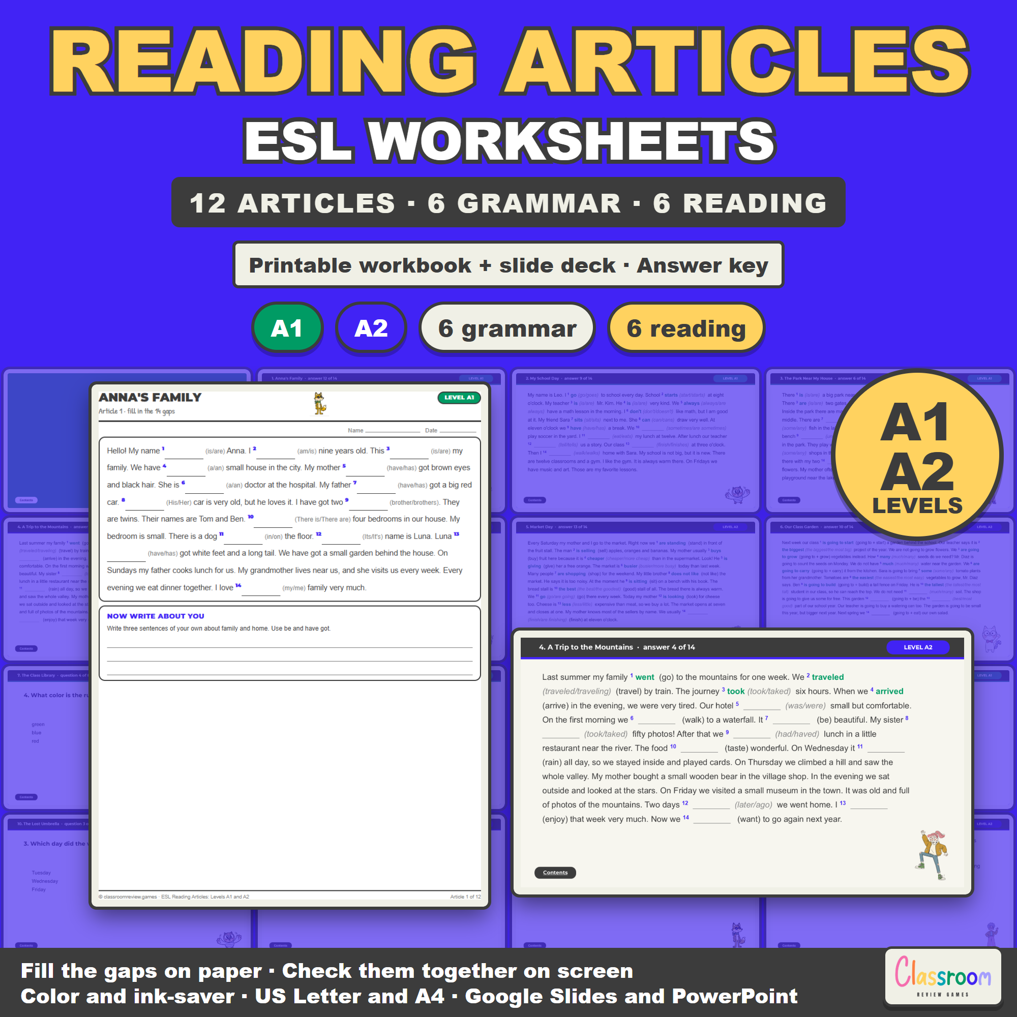 ESL Reading Articles: Levels A1 and A2, Reading Comprehension Passages and Gap Fill Grammar Worksheets for Beginners, Printable Workbook plus Google Slides and PowerPoint