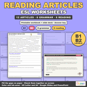 ESL Reading Articles: Levels B1 and B2, Intermediate Reading Comprehension Passages and Cloze Grammar Worksheets, Printable Workbook plus Google Slides and PowerPoint