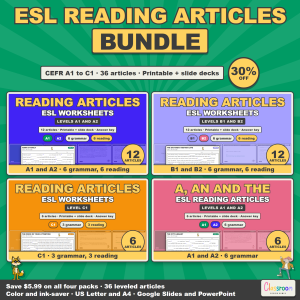 ESL Reading Articles Bundle: 36 Leveled Reading Comprehension Passages and Gap Fill Grammar Worksheets, CEFR A1 to C1, Printable Workbooks plus Google Slides and PowerPoint