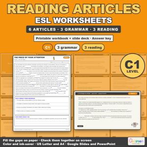 ESL Reading Articles: Level C1, Advanced Academic Reading Comprehension Passages and Cloze Grammar Worksheets, Printable Workbook plus Google Slides and PowerPoint