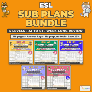 ESL Sub Plans Bundle, Levels A1 to C1, Week Long Emergency Sub Plans for Every ESL and ELL Class, No Prep, 316 Pages