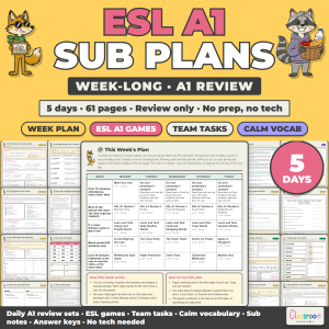 ESL Sub Plans Level A1 Beginner, Week Long Emergency Sub Plans for ELL and ESL Class, No Prep, 5 Days, 61 Pages