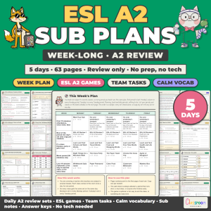 ESL Sub Plans Level A2 High Beginner, Week Long Emergency Sub Plans for ELL and ESL Class, No Prep, 5 Days, 63 Pages