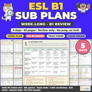 ESL Sub Plans Level B1 Intermediate, Week Long Emergency Sub Plans for ELL and ESL Class, No Prep, 5 Days, 63 Pages