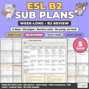 ESL Sub Plans Level B2 Upper Intermediate, Week Long Emergency Sub Plans for ELL and ESL Class, No Prep, 5 Days, 63 Pages