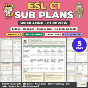 ESL Sub Plans Level C1 Advanced, Week Long Emergency Sub Plans for ELL and ESL Class, No Prep, 5 Days, 66 Pages