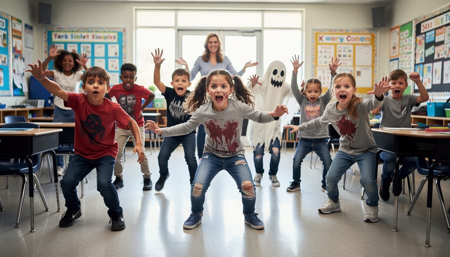 Students strike spooky freeze-dance poses in a classroom during a Halloween-themed brain break.