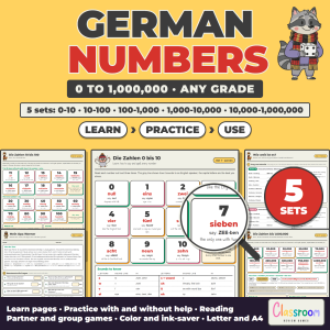 German Numbers Worksheets 0 to 1,000,000: 5 Printable Sets with Pronunciation, Practice, Reading and Speaking Games, Answer Keys