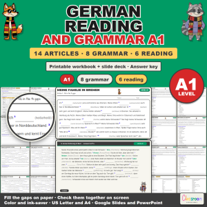 German Reading and Grammar Articles: Level A1, German Reading Comprehension Passages and Gap Fill Grammar Worksheets for Beginners, Printable Workbook plus Google Slides and PowerPoint