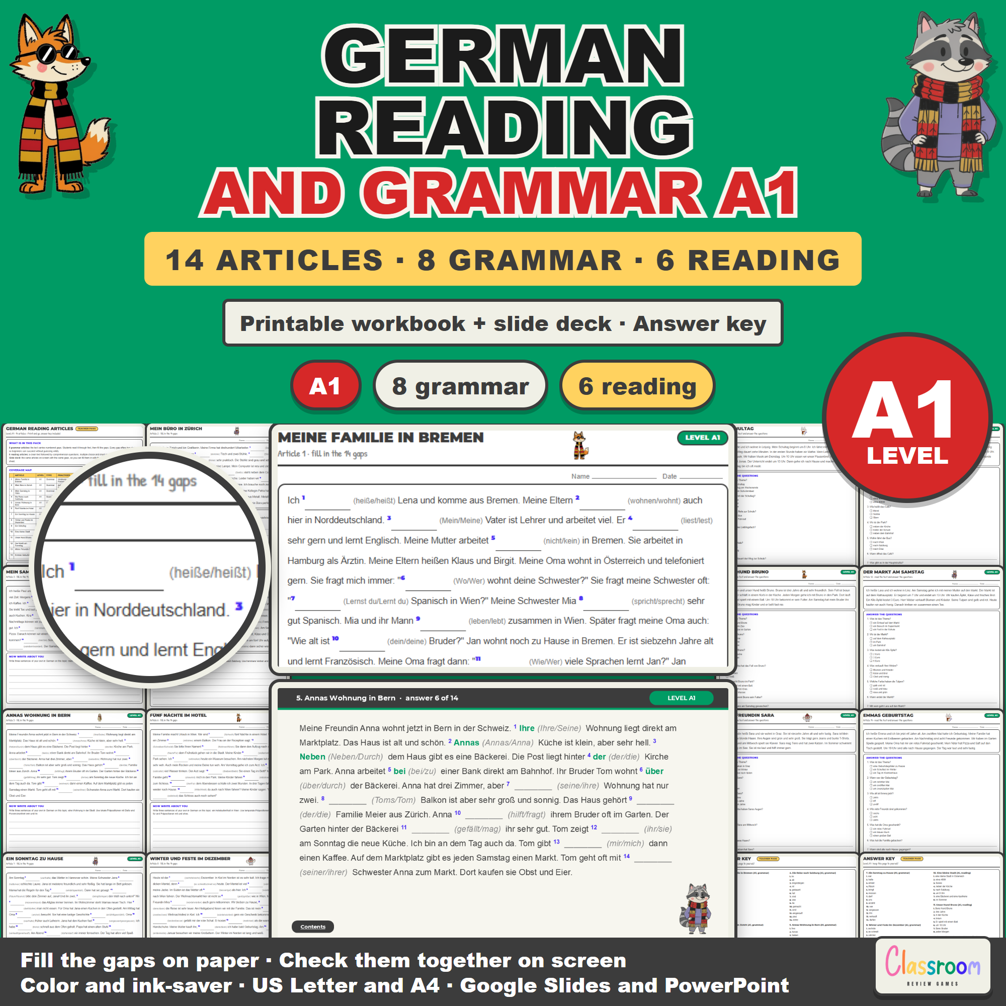 German Reading and Grammar Articles: Level A1, German Reading Comprehension Passages and Gap Fill Grammar Worksheets for Beginners, Printable Workbook plus Google Slides and PowerPoint