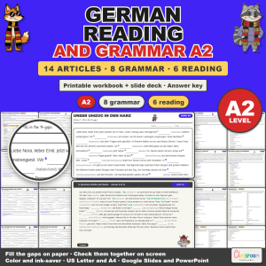 German Reading and Grammar Articles: Level A2, German Reading Comprehension Passages and Gap Fill Grammar Worksheets, Printable Workbook plus Google Slides and PowerPoint