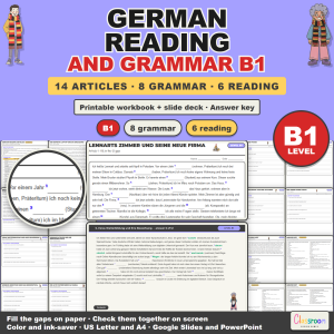 German Reading and Grammar Articles: Level B1, German Reading Comprehension Passages and Gap Fill Grammar Worksheets, Printable Workbook plus Google Slides and PowerPoint