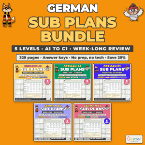 German Sub Plans Bundle, Levels A1 to C1, Week Long Emergency Sub Plans for Every German Class, No Prep, 329 Pages