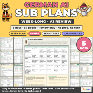 German Sub Plans Level A1, Week Long Emergency Sub Plans for German Class, No Prep, 5 Days, 64 Pages