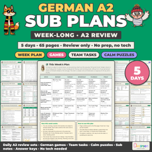 German Sub Plans Level A2, Week Long Emergency Sub Plans for German Class, No Prep, 5 Days, 65 Pages
