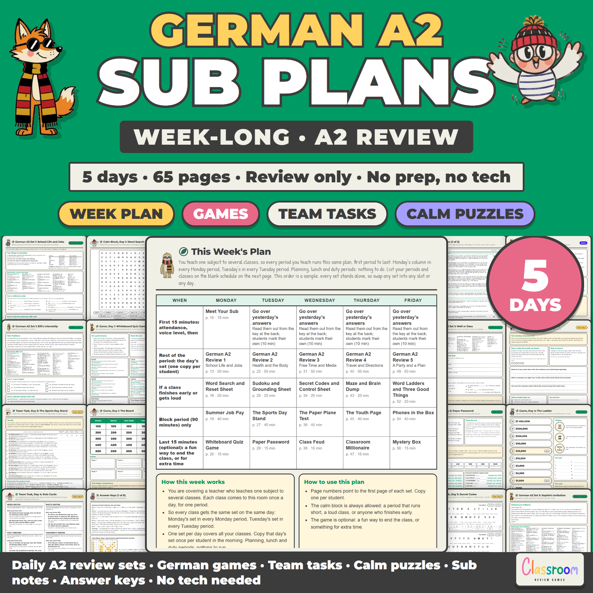 German Sub Plans Level A2, Week Long Emergency Sub Plans for German Class, No Prep, 5 Days, 65 Pages