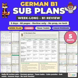 German Sub Plans Level B1, Week Long Emergency Sub Plans for German Class, No Prep, 5 Days, 66 Pages