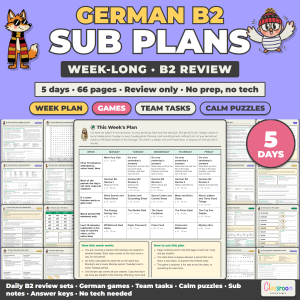 German Sub Plans Level B2, Week Long Emergency Sub Plans for German Class, No Prep, 5 Days, 66 Pages