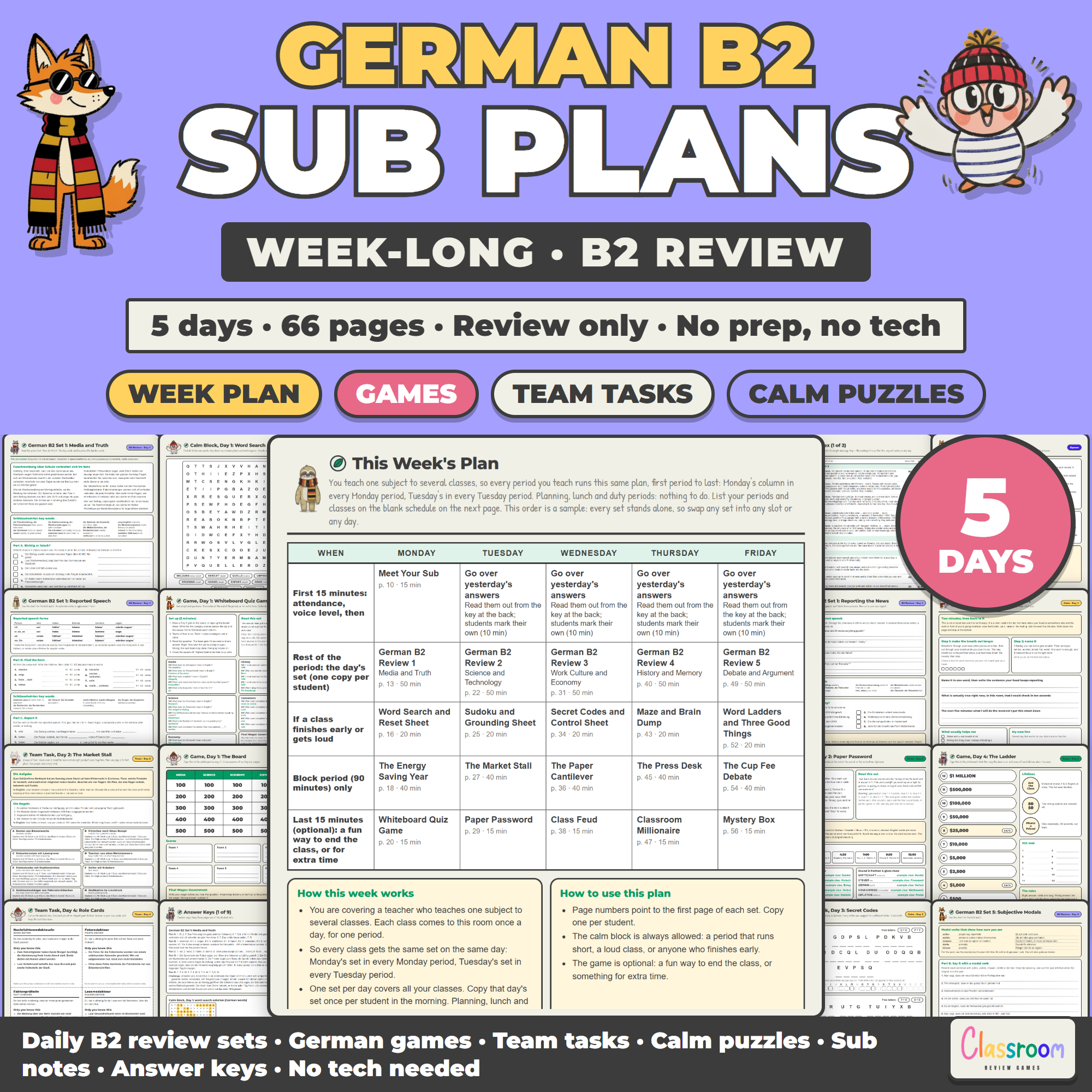 German Sub Plans Level B2, Week Long Emergency Sub Plans for German Class, No Prep, 5 Days, 66 Pages