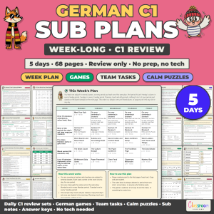 German Sub Plans Level C1, Week Long Emergency Sub Plans for German Class, No Prep, 5 Days, 68 Pages
