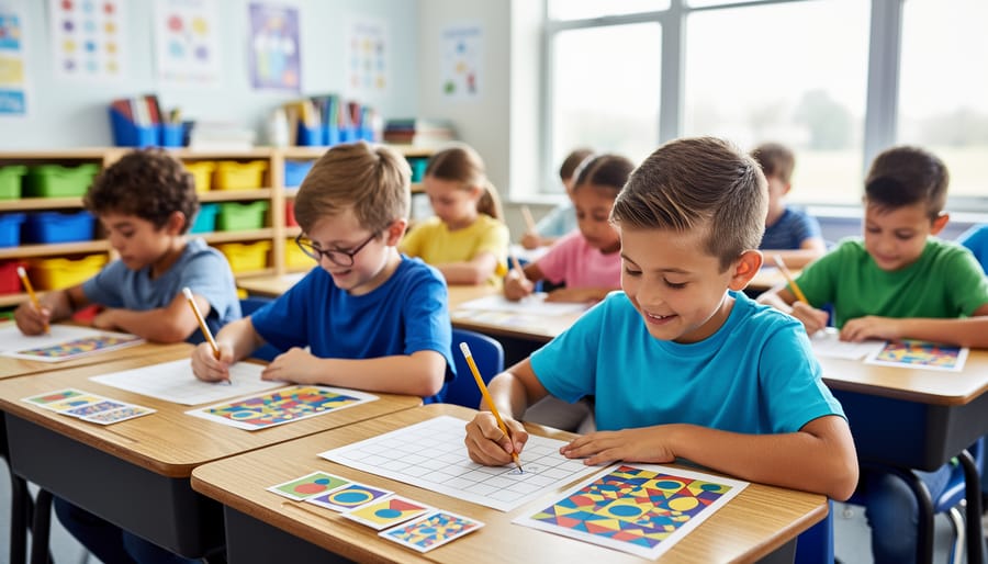“Four 4th graders in a classroom working on logic puzzle worksheets with pencils, focused and engaged.”