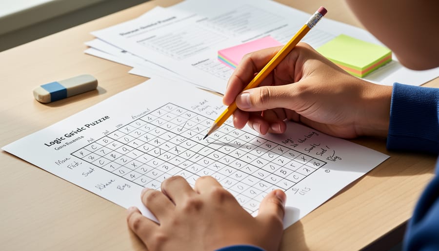 A student using a pencil to fill in a grid-based logic puzzle with colorful clue cards on a desk