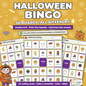 Halloween Bingo, 30 Picture Boards with Calling Cards and a Slides Calling Deck K-8
