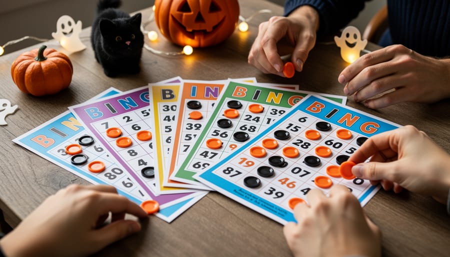 Students mark colorful Halloween-themed bingo cards with markers at a classroom table.