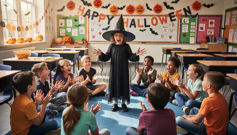 A student performs a Halloween charades action while classmates watch and guess in a classroom.