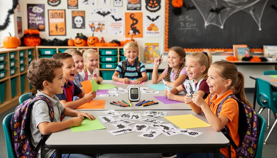 Students in a Halloween-themed classroom holding paper and markers while a small timer sits on a table, with simple spooky supplies visible around them.