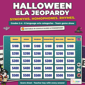 Halloween ELA Jeopardy Game, 2nd to 4th Grade Language Arts Review Game Show, Google Slides and PowerPoint
