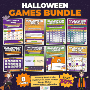 Halloween Games Bundle: 8 Classroom Games, Jeopardy, Feud, Trivia, Bingo, Scoot and More, Google Slides and PowerPoint