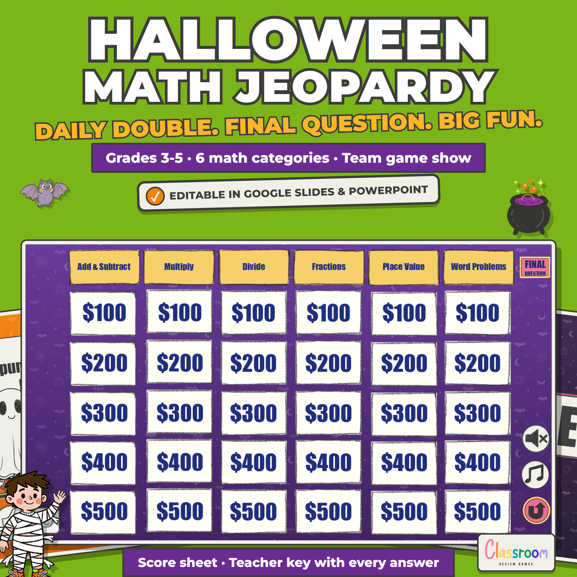Halloween Math Jeopardy Game, 3rd to 5th Grade Math Review Game Show, Google Slides and PowerPoint