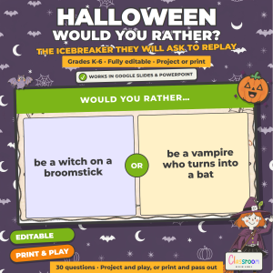 Halloween Would You Rather Game Show, No Prep Halloween Icebreaker K-6, Google Slides and PowerPoint