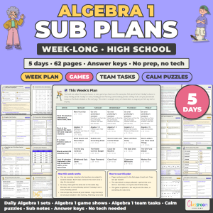 High School Algebra 1 Sub Plans, Week Long Emergency Sub Plans, No Prep, 5 Days, 62 Pages