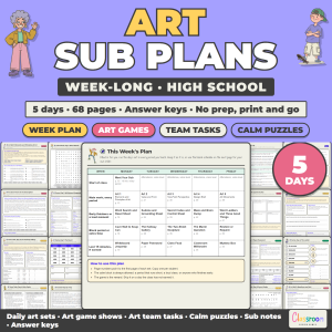 High School Art Sub Plans, Week Long Emergency Sub Plans, No Prep, 5 Days, 68 Pages