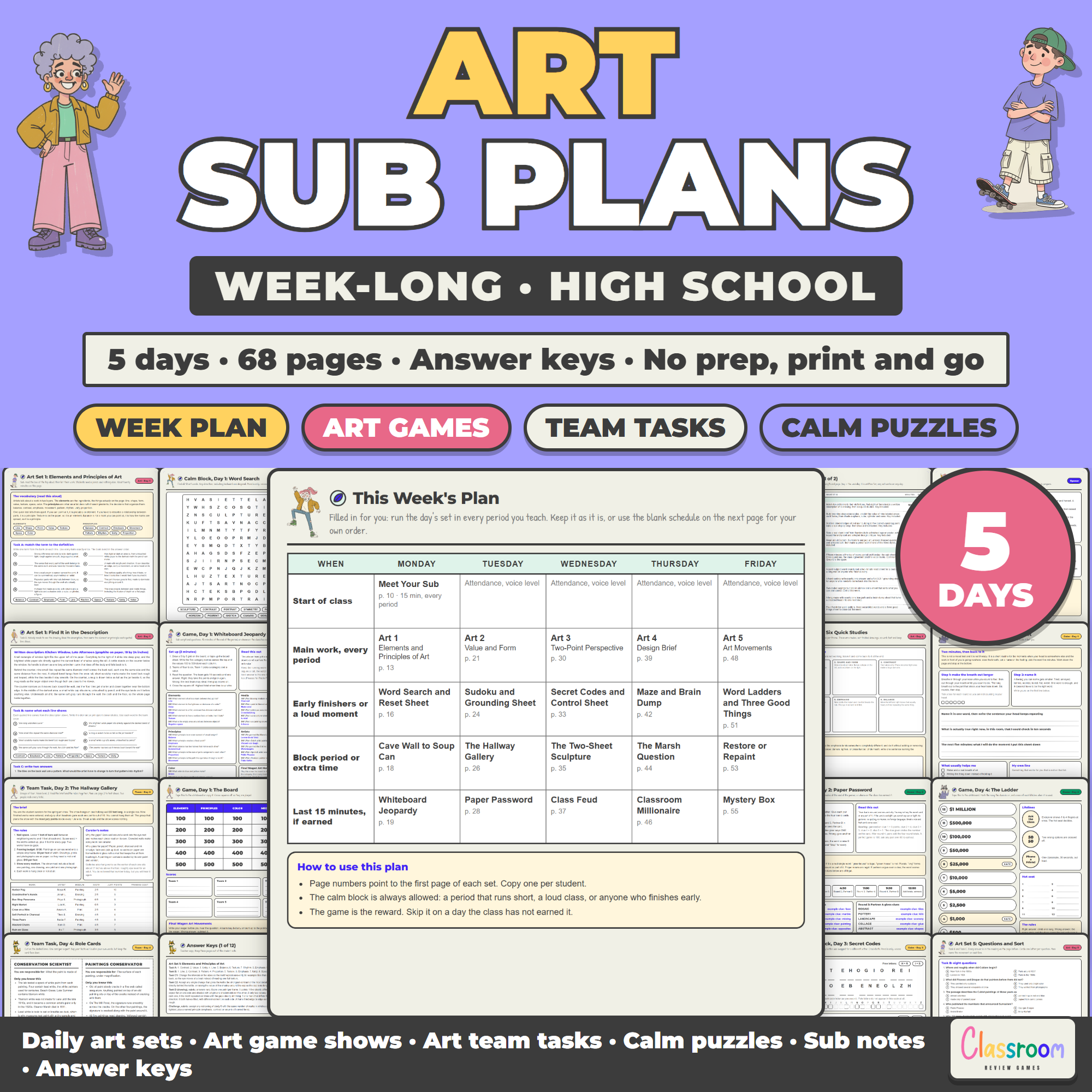 High School Art Sub Plans, Week Long Emergency Sub Plans, No Prep, 5 Days, 68 Pages