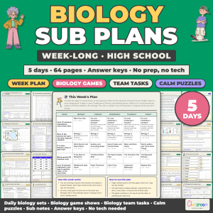 High School Biology Sub Plans, Week Long Emergency Sub Plans, No Prep, 5 Days, 64 Pages