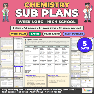 High School Chemistry Sub Plans, Week Long Emergency Sub Plans, No Prep, 5 Days, 64 Pages