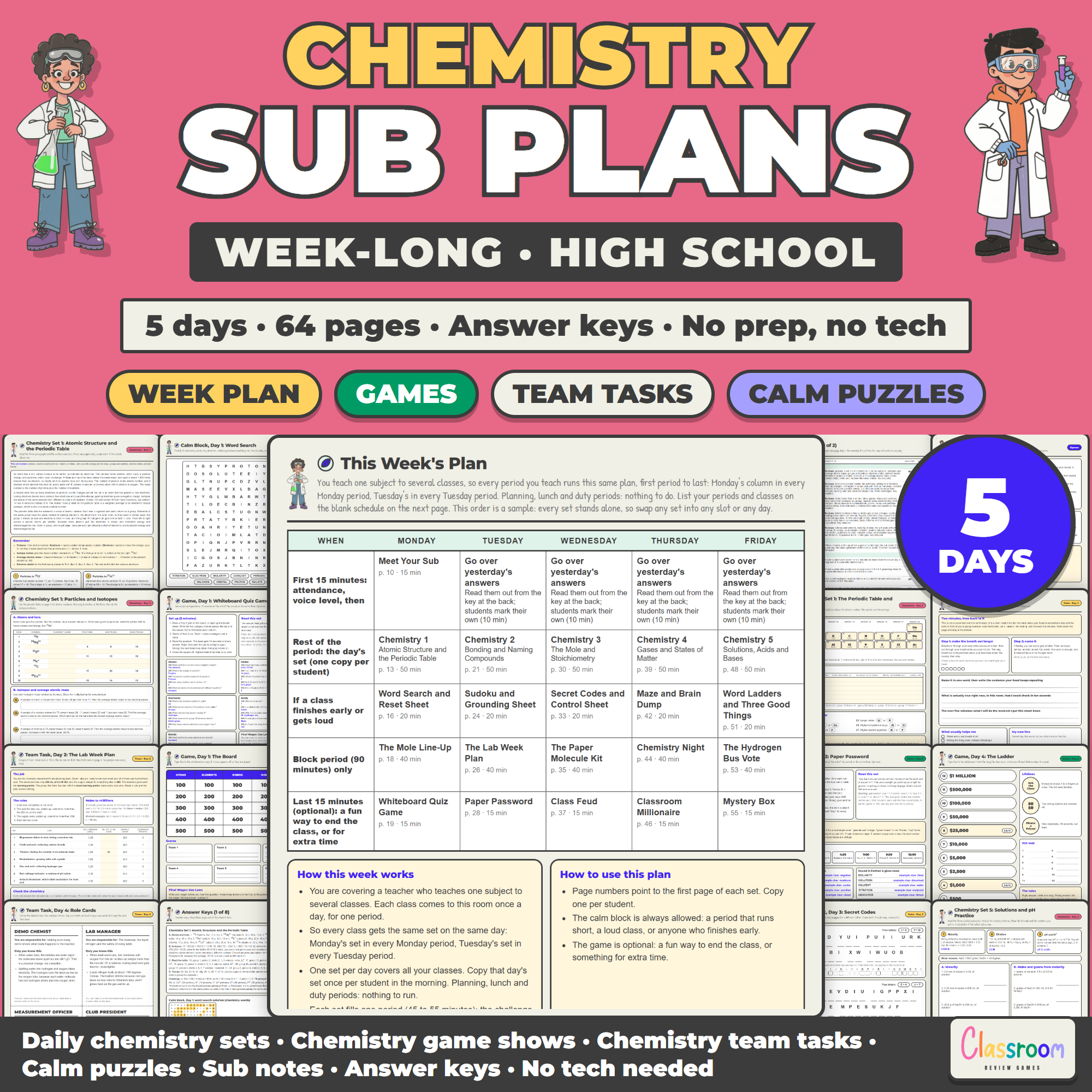 High School Chemistry Sub Plans, Week Long Emergency Sub Plans, No Prep, 5 Days, 64 Pages