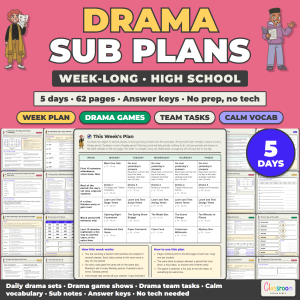 High School Drama Sub Plans, Week Long Emergency Sub Plans, No Prep, 5 Days, 62 Pages