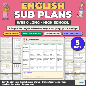 High School English Sub Plans, Week Long Emergency Sub Plans, No Prep, 5 Days, 88 Pages