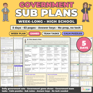 High School Government Sub Plans, Week Long Emergency Sub Plans, No Prep, 5 Days, 63 Pages