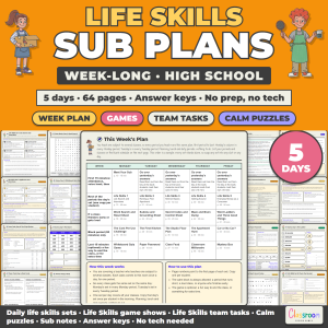High School Life Skills Sub Plans, Week Long Emergency Sub Plans, No Prep, 5 Days, 64 Pages