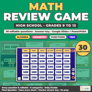 High School Math Review Game, Algebra Geometry and Trig Quiz Game 9-12, Google Slides and PowerPoint