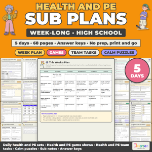 High School PE and Health Sub Plans, Week Long Emergency Sub Plans, No Prep, 5 Days, 68 Pages