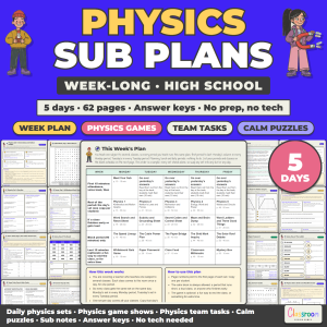High School Physics Sub Plans, Week Long Emergency Sub Plans, No Prep, 5 Days, 62 Pages