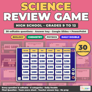 High School Science Review Game, Biology Chemistry and Physics Quiz Game 9-12, Google Slides and PowerPoint